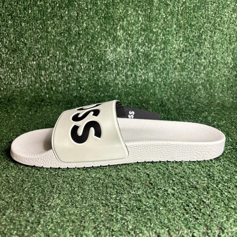 NEW‎ HUGO BOSS Aryeh Logo Pool Slides Beach Sandals White Black Mens Size 12